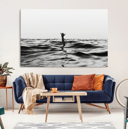 69541918-MGV-CV-36X24-Black White Ocean Wall Art Canvas Print, Framed Moody Seascape Art Picture Print, Surfer Sign Perfect Moody Minimalist Decor