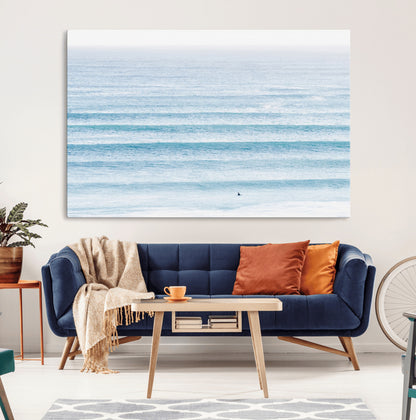 77145995-MGV-CV-36X24-Ocean Simplicity Wall Art Canvas Print, Framed Surfer on Water Art Picture Print, Light Blue Perfect Coastal Minimalist Decor