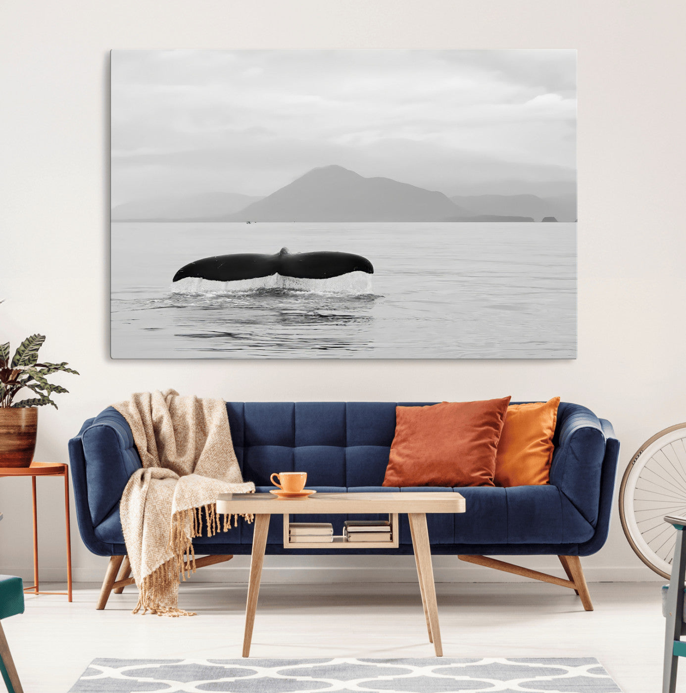 30524220-MGV-CV-36X24-Whale Tail Wall Art Canvas Print, Framed Black White Ocean Art Picture Print, Calm Marine Perfect Minimalist Coastal Decor Artwork