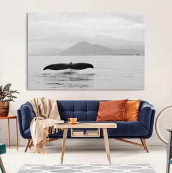 30524220-MGV-CV-36X24-Whale Tail Wall Art Canvas Print, Framed Black White Ocean Art Picture Print, Calm Marine Perfect Minimalist Coastal Decor Artwork