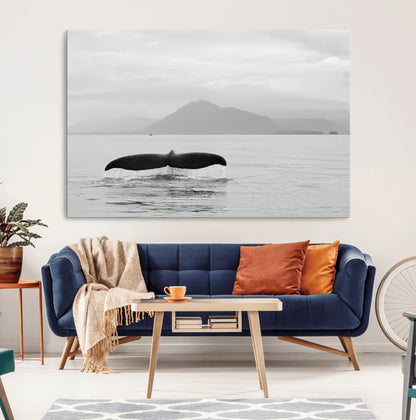 30524220-MGV-CV-36X24-Whale Tail Wall Art Canvas Print, Framed Black White Ocean Art Picture Print, Calm Marine Perfect Minimalist Coastal Decor Artwork