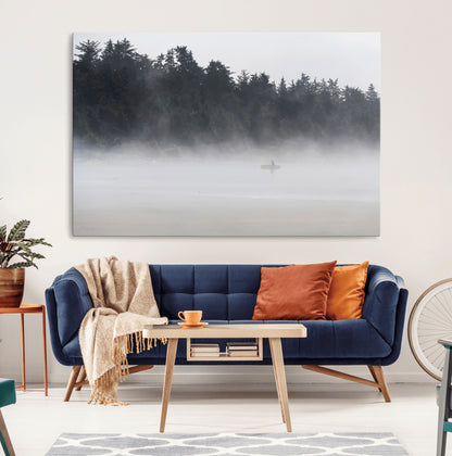 59703275-MGV-CV-36X24-Surfer in Fog Wall Art Canvas Print, Framed Foggy Beach Art Picture Print, Coastal Surf Perfect Moody Coastal Decor Artwork