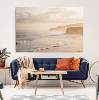 57669769-MGV-CV-36X24-Misty Coastal Wall Art Canvas Print, Framed Golden Sunset Art Picture Print, Serene Shoreline Perfect Tranquil Coastal Decor