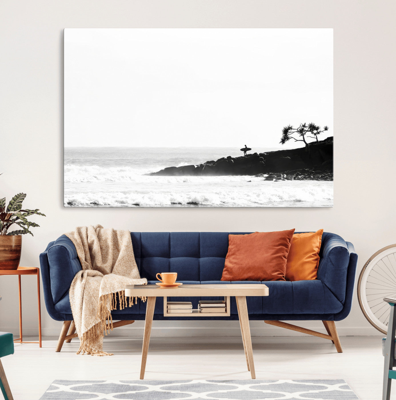 40875891-MGV-CV-36X24-SurferCliffs Wall Art Canvas Print, Framed Black White Beach Art Picture Print, Ocean Waves Perfect Minimalist Coastal Decor