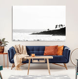 40875891-MGV-CV-36X24-SurferCliffs Wall Art Canvas Print, Framed Black White Beach Art Picture Print, Ocean Waves Perfect Minimalist Coastal Decor