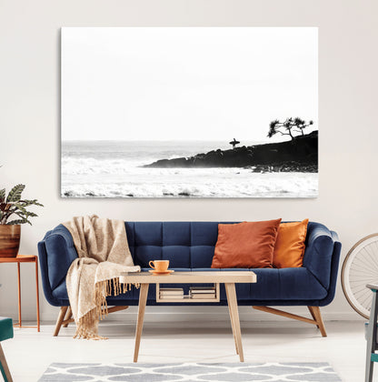 40875891-MGV-CV-36X24-SurferCliffs Wall Art Canvas Print, Framed Black White Beach Art Picture Print, Ocean Waves Perfect Minimalist Coastal Decor