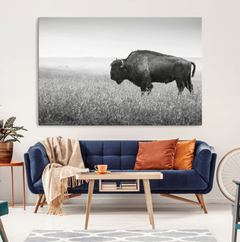 28435251-MGV-CV-36X24-Bison In Prairie Wall Art Canvas Print, Framed Rustic Wildlife Art Picture Print, Wild Buffalo Perfect Rustic Western Decor