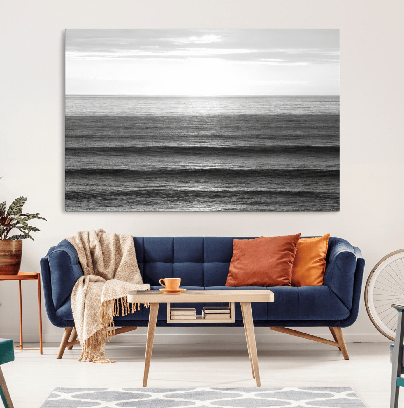 47305203-MGV-CV-36X24-Monochrome Ocean Wall Art Canvas Print, Framed Moody Ocean Art Picture Print, Calm Ocean Perfect Minimalist Coastal Decor Artwork