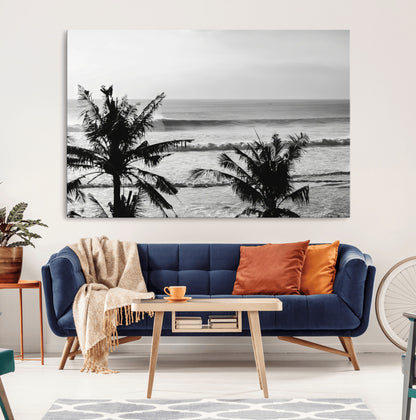 17508038-MGV-CV-36X24-Tropical Coastline Wall Art Canvas Print, Framed Palm Trees Art Picture Print, Ocean Waves Perfect Minimalist Coastal Decor
