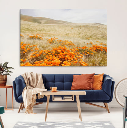 28972262-MGV-CV-36X24-Golden Wildflowers Wall Art Canvas Print, Framed Hills Bloom Art Picture Print, Poppy Meadow Perfect Rustic Nature Decor Artwork