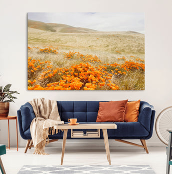 28972262-MGV-CV-36X24-Golden Wildflowers Wall Art Canvas Print, Framed Hills Bloom Art Picture Print, Poppy Meadow Perfect Rustic Nature Decor Artwork