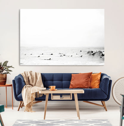 38441169-MGV-CV-36X24-Monochrome Swimming Wall Art Canvas Print, Framed Ocean Horizon Art Picture Print, Moody Coastal Perfect Minimalist Coastal Decor