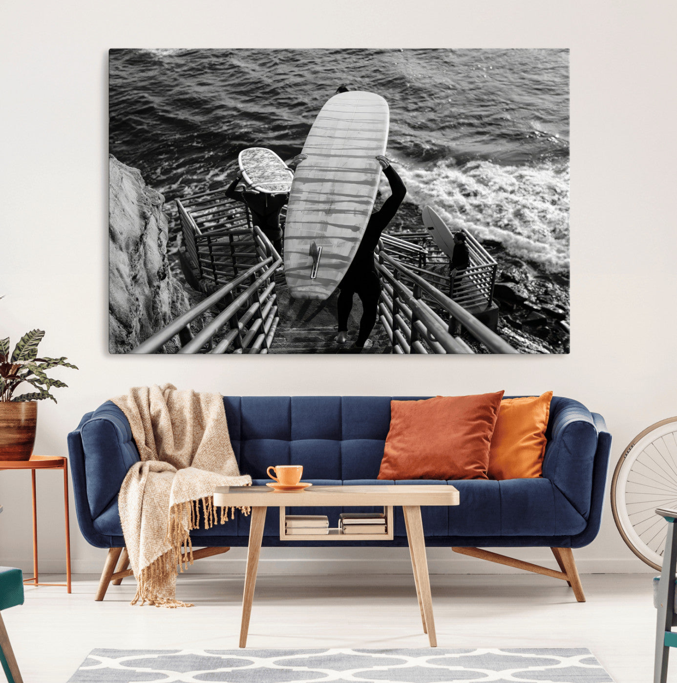 32353707-MGV-CV-36X24-Black White Surfing Wall Art Canvas Print, Framed Coastal Surfing Art Picture Print, Wave Riders Perfect Coastal Adventure Decor