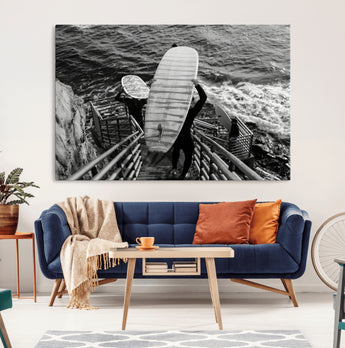 32353707-MGV-CV-36X24-Black White Surfing Wall Art Canvas Print, Framed Coastal Surfing Art Picture Print, Wave Riders Perfect Coastal Adventure Decor