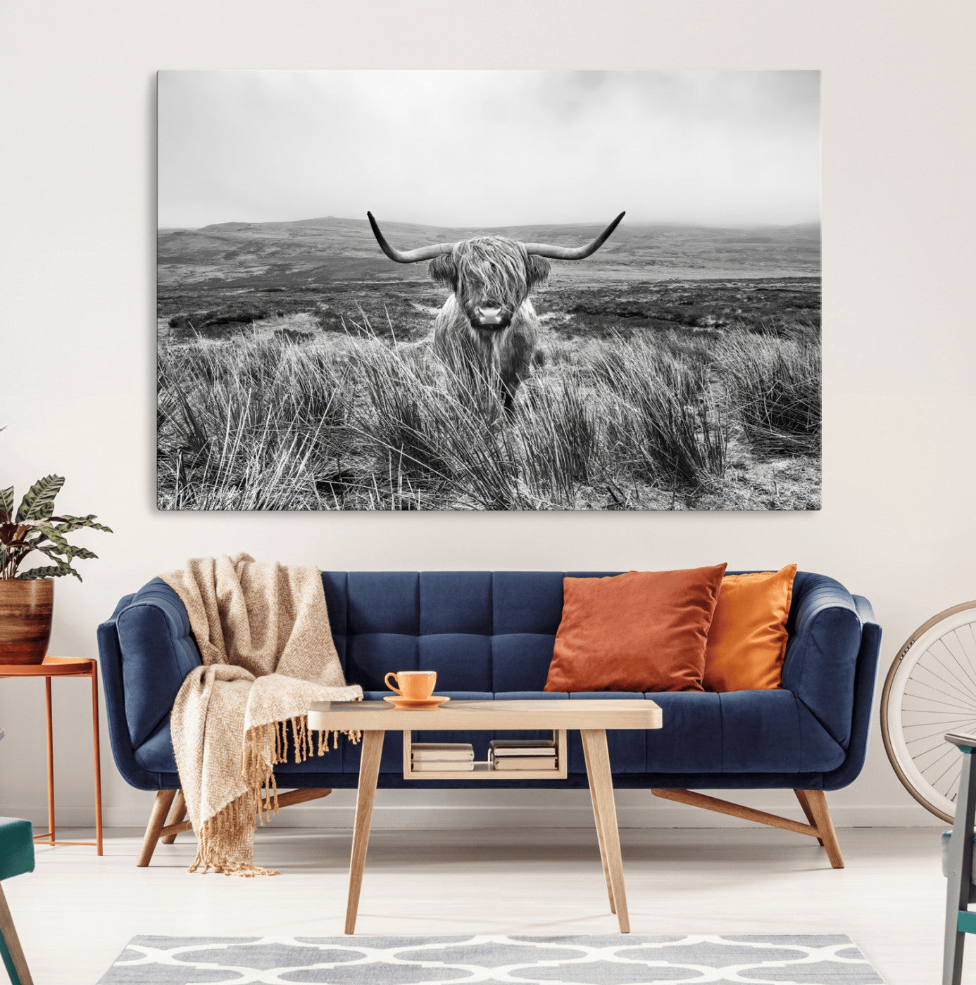 24051061-MGV-CV-36X24-Monochrome Highland Cow Wall Art Canvas Print, Framed Scottish Bull Art Picture Print, Lone Cattle Perfect Rustic Farmhouse Decor