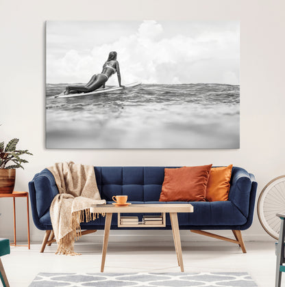 69798068-MGV-CV-36X24-Black White Surfing Wall Art Canvas Print, Framed Ocean Horizon Art Picture Print, Surfer Girl Perfect Coastal Adventure Decor
