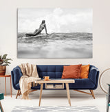 69798068-MGV-CV-36X24-Black White Surfing Wall Art Canvas Print, Framed Ocean Horizon Art Picture Print, Surfer Girl Perfect Coastal Adventure Decor