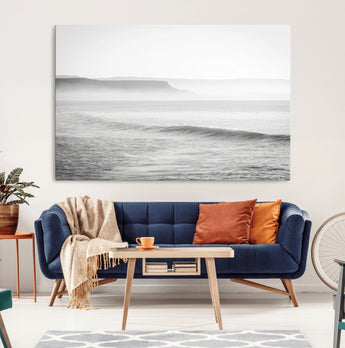 60635783-MGV-CV-36X24-Black White Seascape Wall Art Canvas Print, Framed Ocean Waves Art Picture Print, Misty Coastal Perfect Minimalist Coastal Decor
