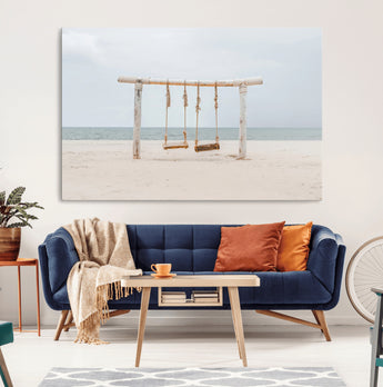 68327283-MGV-CV-36X24-Beach Swing Wall Art Canvas Print, Framed Quiet Beach Art Picture Print, Calm Shoreline Perfect Bohemian Coastal Decor Artwork