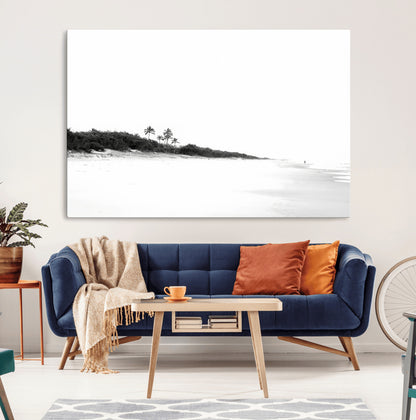 29611516-MGV-CV-36X24-Black White Beach Wall Art Canvas Print, Framed Palm Trees Art Picture Print, Monochrome Tropical Perfect Minimalist Coastal Decor