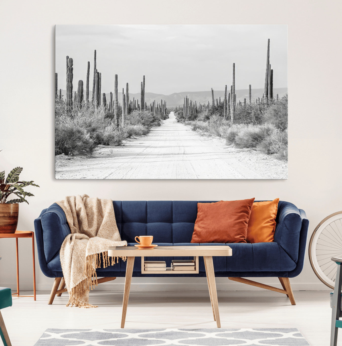 35537313-MGV-CV-36X24-Monochrome Desert Wall Art Canvas Print, Framed Cactus Path Art Picture Print, Southwestern Landscape Perfect Southwestern