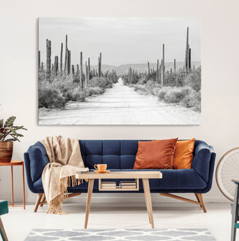 35537313-MGV-CV-36X24-Monochrome Desert Wall Art Canvas Print, Framed Cactus Path Art Picture Print, Southwestern Landscape Perfect Southwestern