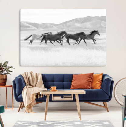 69934913-MGV-CV-36X24-Wild Horses Running Wall Art Canvas Print, Framed Black White Mustangs Art Picture Print, Rustic Western Perfect Rustic Western