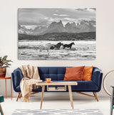 21655040-MGV-CV-36X24-Wild Horses Wall Art Canvas Print, Framed Black White Mountains Art Picture Print, Rustic Countryside Perfect Rustic Western Decor