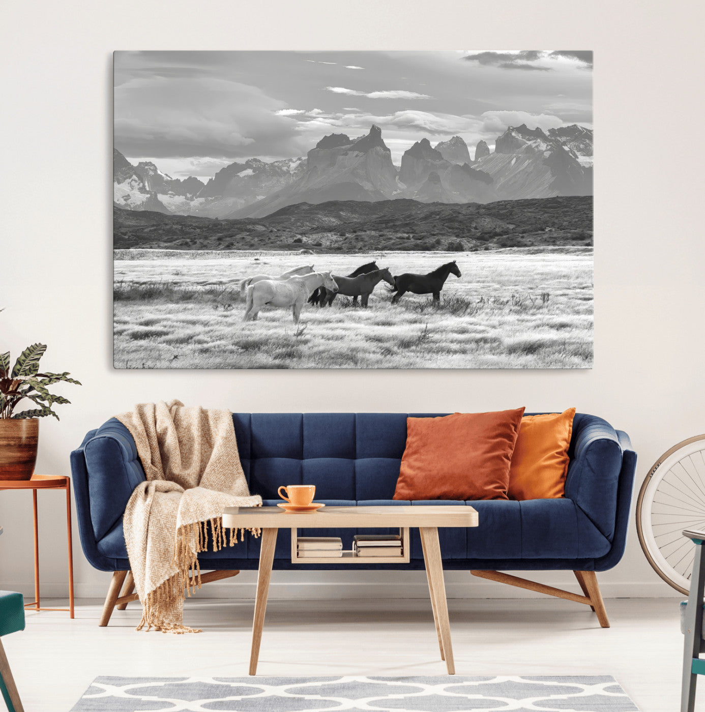 21655040-MGV-CV-36X24-Wild Horses Wall Art Canvas Print, Framed Black White Mountains Art Picture Print, Rustic Countryside Perfect Rustic Western Decor