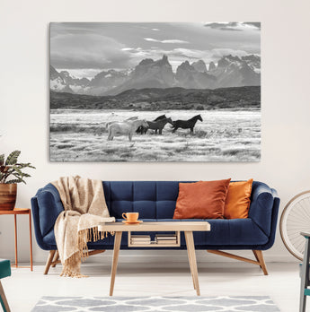 21655040-MGV-CV-36X24-Wild Horses Wall Art Canvas Print, Framed Black White Mountains Art Picture Print, Rustic Countryside Perfect Rustic Western Decor