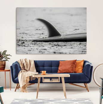 62314230-MGV-CV-36X24-Black White Surfboard Wall Art Canvas Print, Framed Minimalist Beach Art Picture Print, Surf Fin Perfect Minimalist Coastal Decor