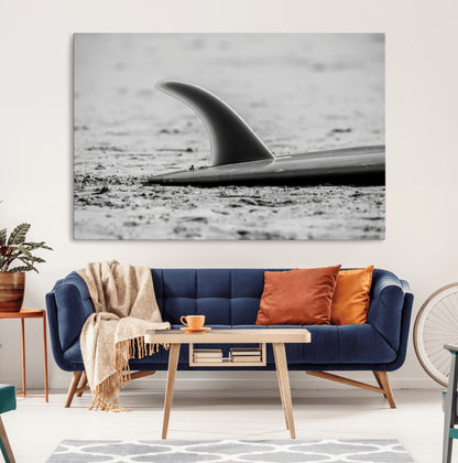 62314230-MGV-CV-36X24-Black White Surfboard Wall Art Canvas Print, Framed Minimalist Beach Art Picture Print, Surf Fin Perfect Minimalist Coastal Decor