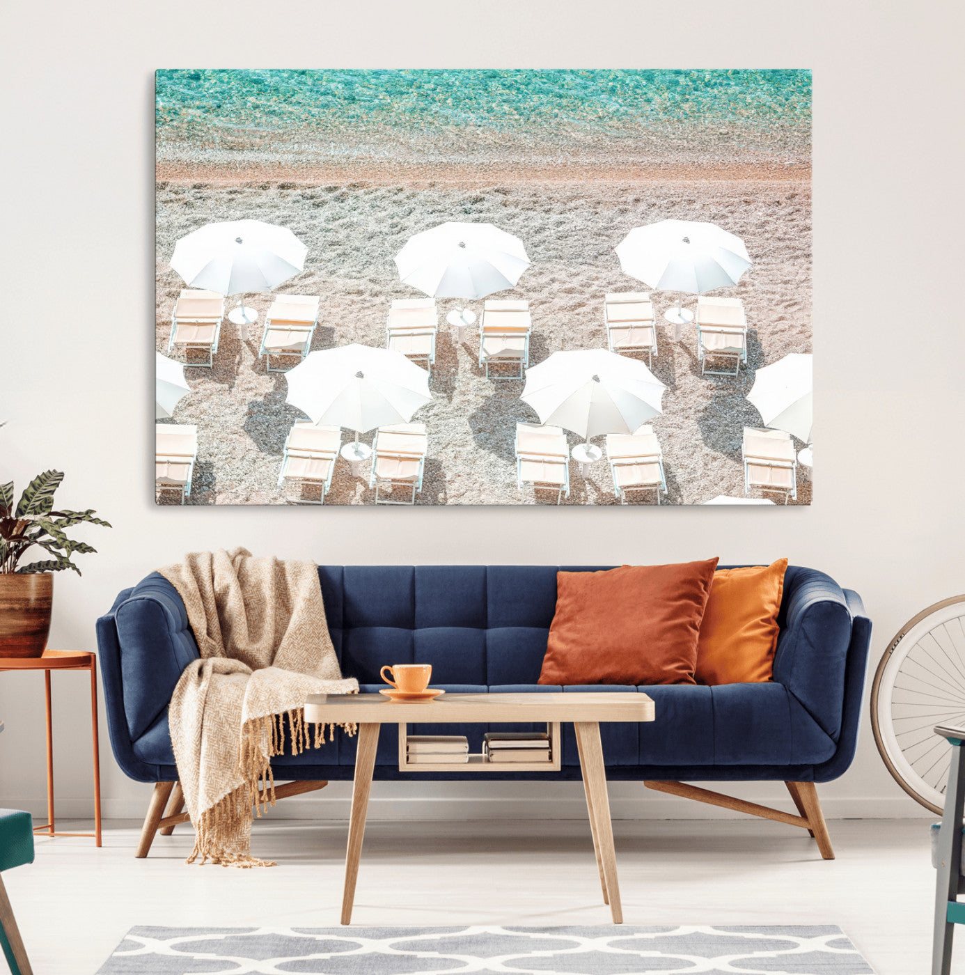 83736167-MGV-CV-36X24-Calm Beach Wall Art Canvas Print, Framed Turquoise Water Art Picture Print, Umbrella Shoreline Perfect Coastal Minimalist Decor