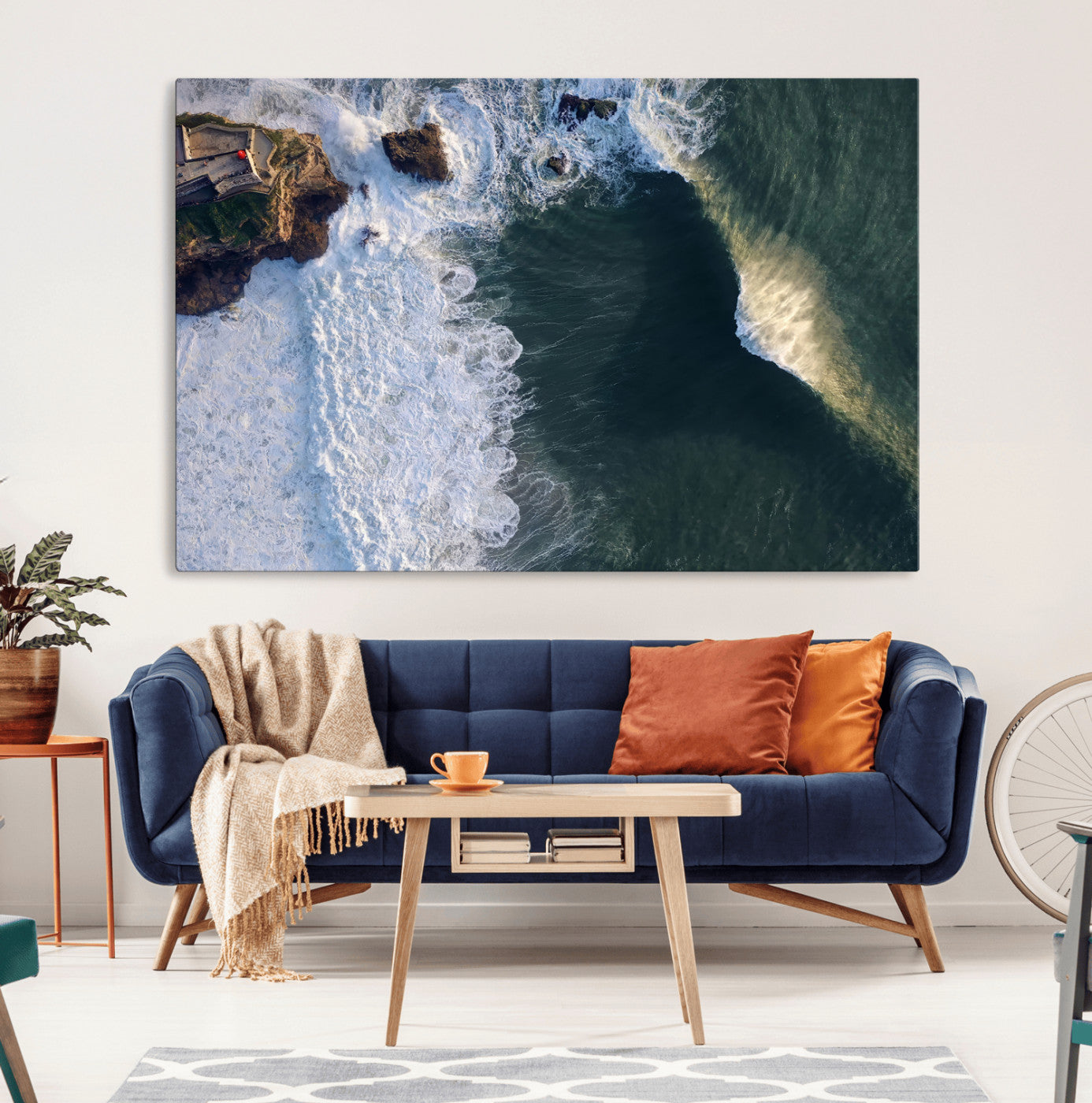 37405684-MGV-CV-36X24-Nazare Coast Wall Art Canvas Print, Framed Aerial Ocean Art Picture Print, Coastal Fortress Perfect Dramatic Coastal Decor Artwork