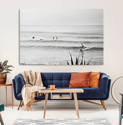33821421-MGV-CV-36X24-Surfer Silhouette Wall Art Canvas Print, Framed Calm Ocean Art Picture Print, Monochrome Surf Perfect Minimalist Coastal Decor