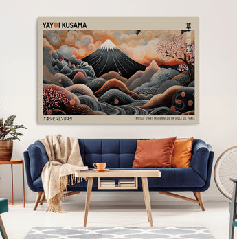 55739266-MGV-CV-36X24-Japanese Wall Art Print – Abstract Yayoi Kusama Inspired Dotted Landscape Poster, Surreal Oriental Mountain and Cherry Blossom