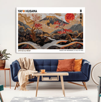 40959107-MGV-CV-36X24-Japanese Fuji Wall Art Print – Red Sun & Cherry Blossom Poster, Gold Wave Ukiyo-e Inspired Modern Japan Landscape Painting,