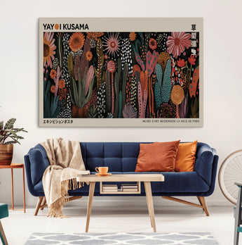 28344895-MGV-CV-36X24-Dark Floral Abstract Wall Art Poster – Modern Botanical Canvas Print with Beige Border, Kusama Inspired Boho Flower Painting,