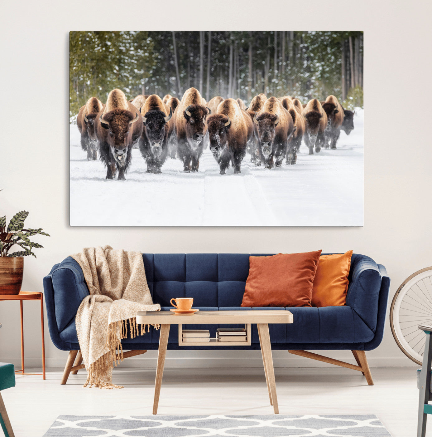 22695857-MGV-CV-36X24-Bison Herd Scene Wall Art Canvas Print, Framed Western Wildlife Art Picture Print, Rustic Animal Art Perfect Rustic Lodge Decor