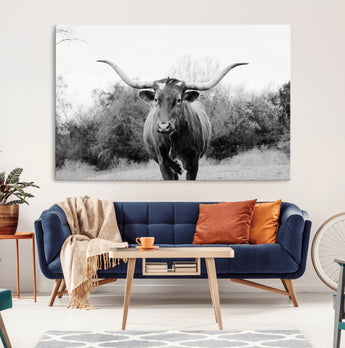 97280319-MGV-CV-36X24-Longhorn Photography Wall Art Canvas Print, Framed Western Cow Decor Art Picture Print, Texas Ranch Style Perfect Rustic Farmhouse
