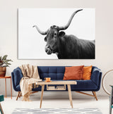 99244177-MGV-CV-36X24-Longhorn Photography Wall Art Canvas Print, Framed Western Cow Decor Art Picture Print, Black White Bull Perfect Modern Rustic