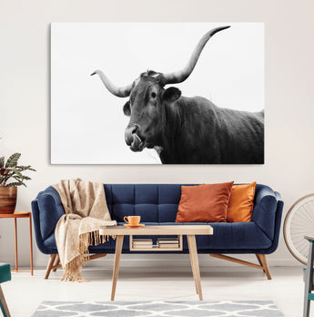 99244177-MGV-CV-36X24-Longhorn Photography Wall Art Canvas Print, Framed Western Cow Decor Art Picture Print, Black White Bull Perfect Modern Rustic