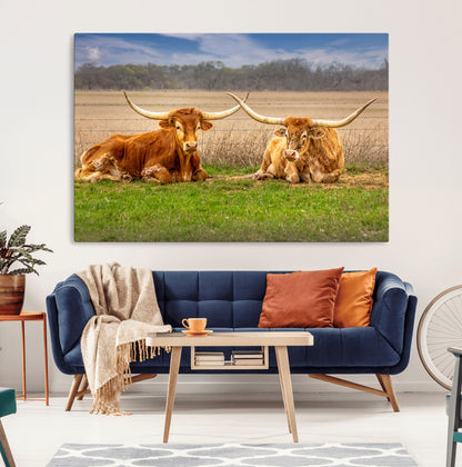 97244565-MGV-CV-36X24-Longhorn Duo Wall Art Canvas Print, Framed Cozy Ranch Vibes Art Picture Print, Western Ranch Decor Perfect Rustic Farmhouse Decor