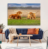 97244565-MGV-CV-36X24-Longhorn Duo Wall Art Canvas Print, Framed Cozy Ranch Vibes Art Picture Print, Western Ranch Decor Perfect Rustic Farmhouse Decor