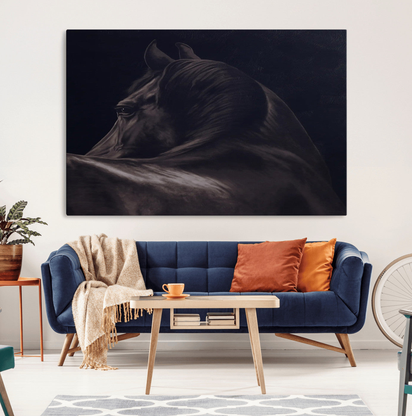 67026880-MGV-CV-36X24-Black Horse Portrait Wall Art Canvas Print, Framed Moody Horse Decor Art Picture Print, Equestrian Wall Style Perfect Masculine