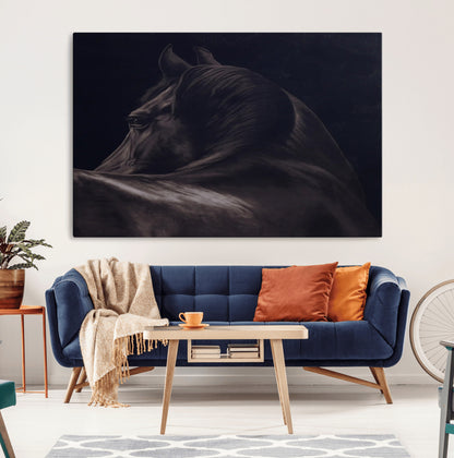 67026880-MGV-CV-36X24-Black Horse Portrait Wall Art Canvas Print, Framed Moody Horse Decor Art Picture Print, Equestrian Wall Style Perfect Masculine