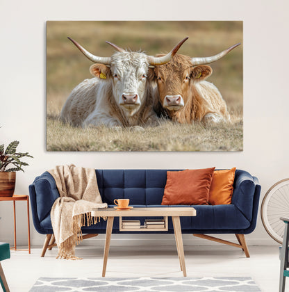 53388593-MGV-CV-36X24-Cow Photography Wall Art Canvas Print, Framed Rustic Animal Decor Art Picture Print, Texas Cow Pair Perfect Western Farmhouse