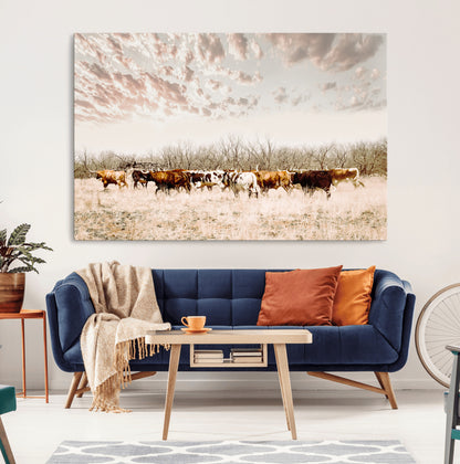57389417-MGV-CV-36X24-Cow Herd Photography Wall Art Canvas Print, Framed Rustic Farmhouse Decor Art Picture Print, Western Ranch Style Perfect Rustic