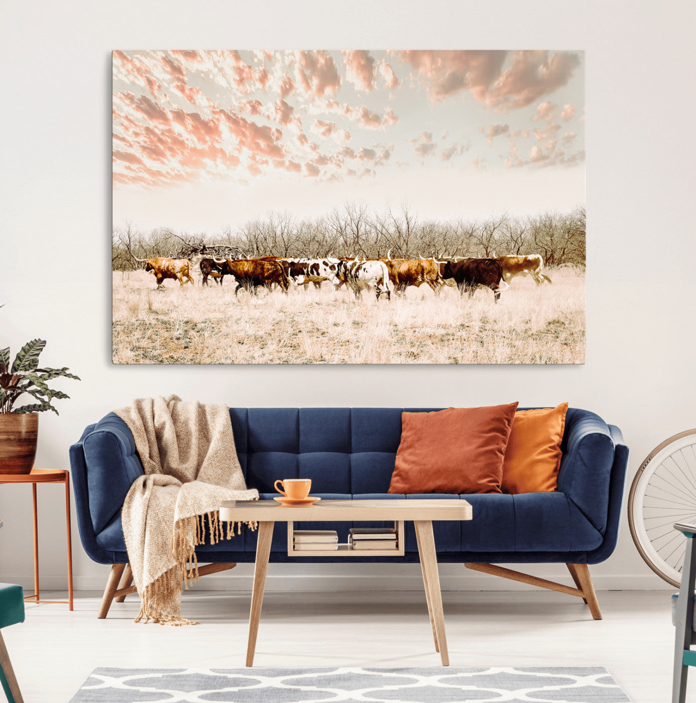 43704663-MGV-CV-36X24-Country Cow Herd Wall Art Canvas Print, Framed Farmhouse Cattle Scene Art Picture Print, Rustic Ranch Decor Perfect Rustic