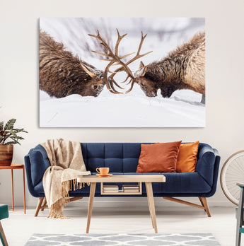 36507609-MGV-CV-36X24-Elk Clash Scene Wall Art Canvas Print, Framed Wildlife Strength Decor Art Picture Print, Snowy Forest Elk Perfect Rustic Lodge
